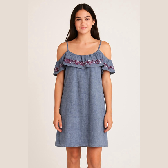 EXPRESS Off The Shoulders denim Linen Blend Dress M - Picture 1 of 11